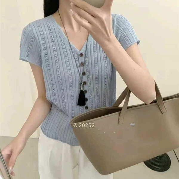 法式V领针织打底衫女2025夏季韩版百搭显瘦镂空短袖冰丝针织衫