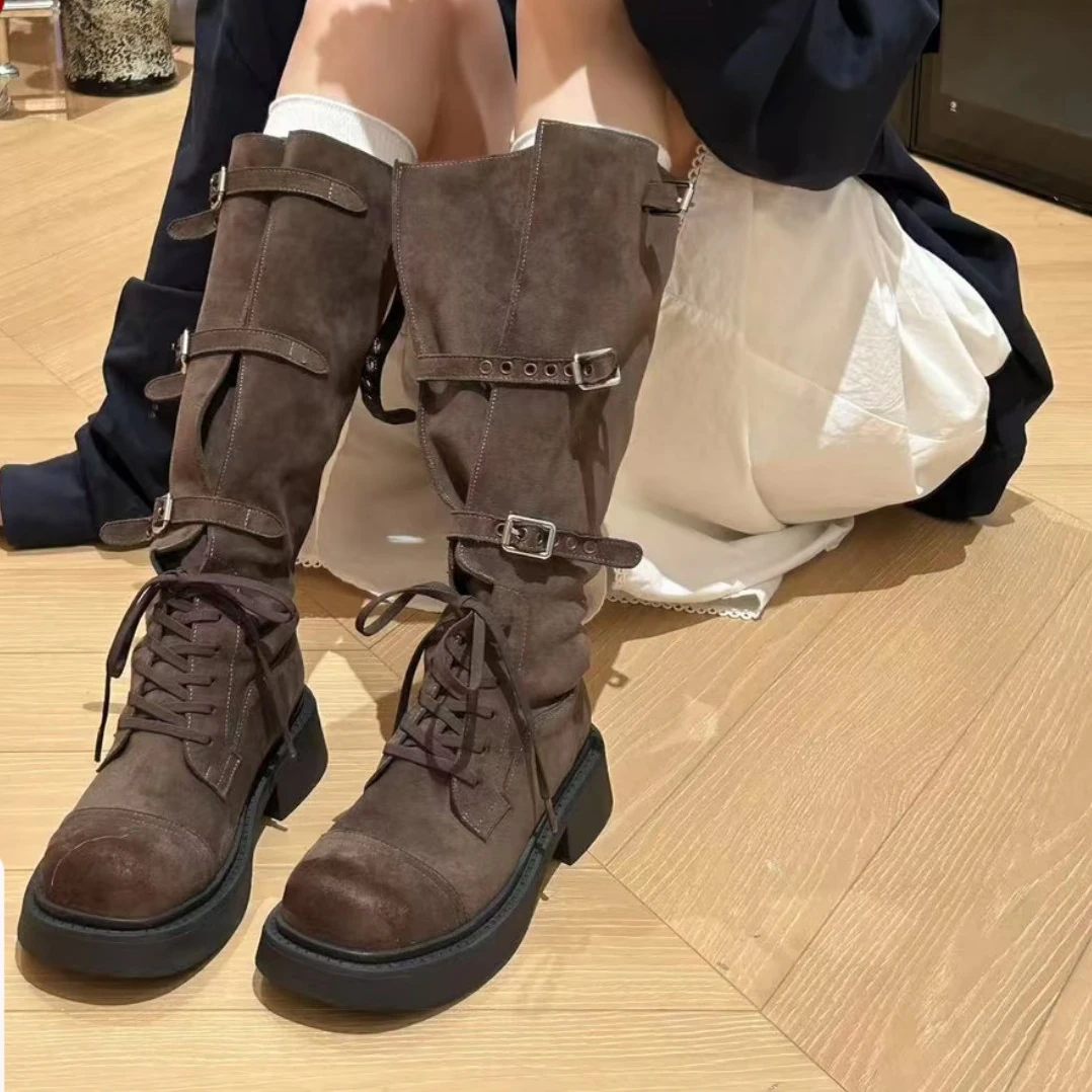 牛皮版~厚底粗跟大筒围高筒靴女2025新款复古牛仔西部靴长靴秋冬