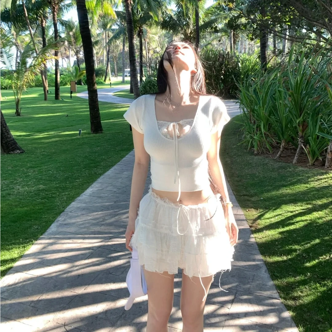 韩系绑带短款T恤夏季纯欲气质性感辣妹修身显瘦上衣配半身裙套装
