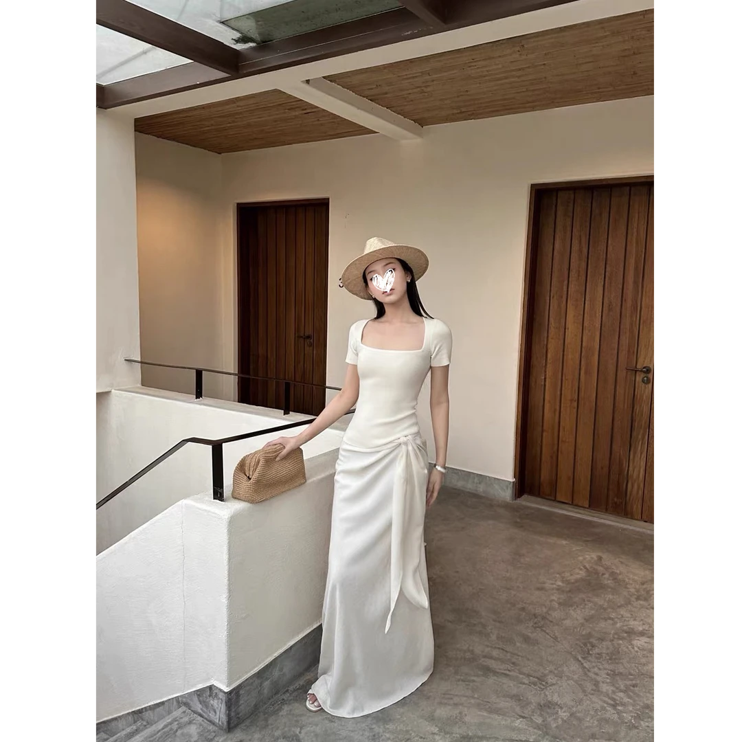 方领修身显瘦针织短袖上衣夏季简约T恤低腰垂感绑带半身裙套装