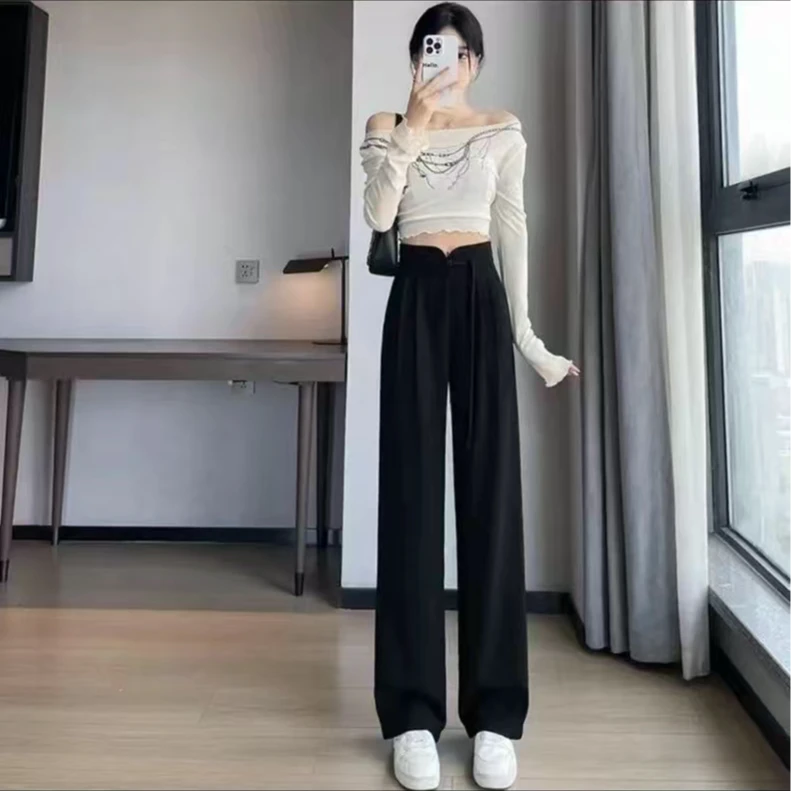 高腰阔腿裤口袋休闲裤冰丝女裤垂感长裤显瘦春夏薄款百搭黑色