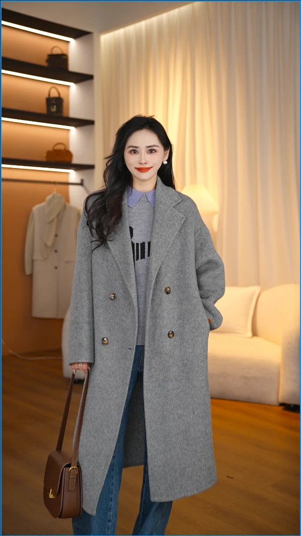 长款春季双面羊毛大衣气质百搭外套宽松双面呢大衣