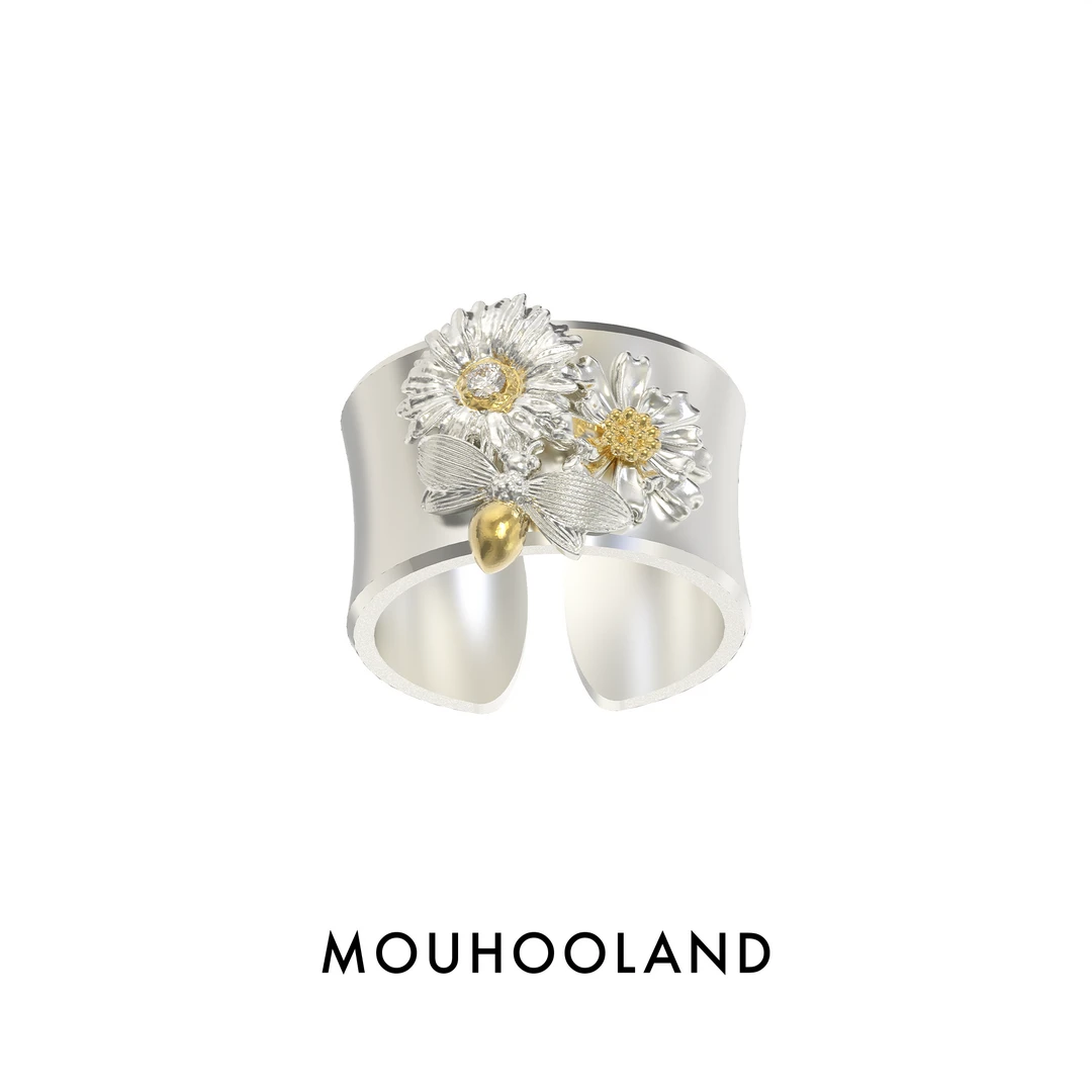 Mouhooland/暮后之地 925银锆石戒指 雏菊蜜蜂宽戒原创设计小众口
