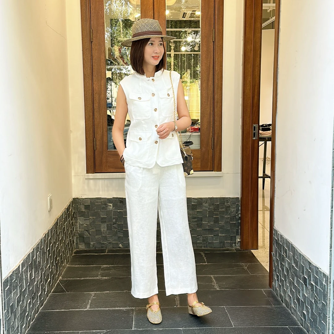 白色亚麻马甲阔腿裤套装老钱风时尚松弛感穿搭套装