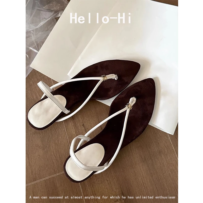 羊皮版~法式极简风夹趾凉鞋女低跟尖头气质一字带罗马凉拖鞋外穿
