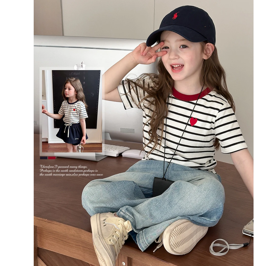 【现货福利】女童夏装儿童夏季短袖刺绣爱心条纹T短袖 25B025