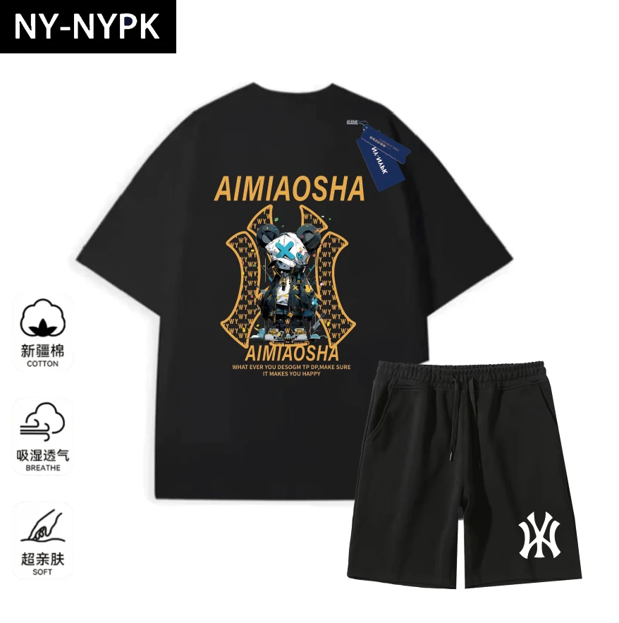 【商场同款】重磅圆领T恤男女同款潮流百搭短袖-蓝X熊套装