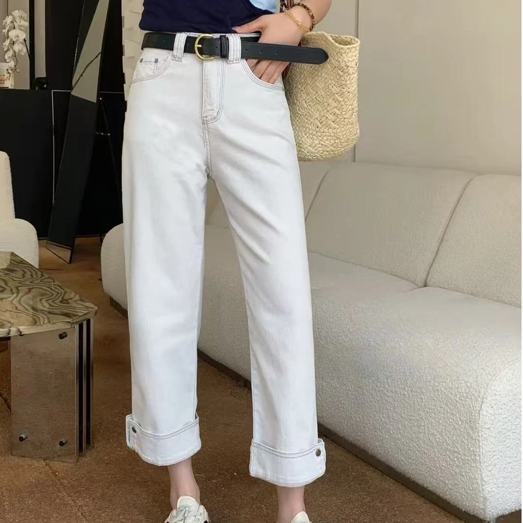 【裤博汇】6735-2新款奶油蓝流苏裤水洗破洞高腰窄版九分牛仔裤