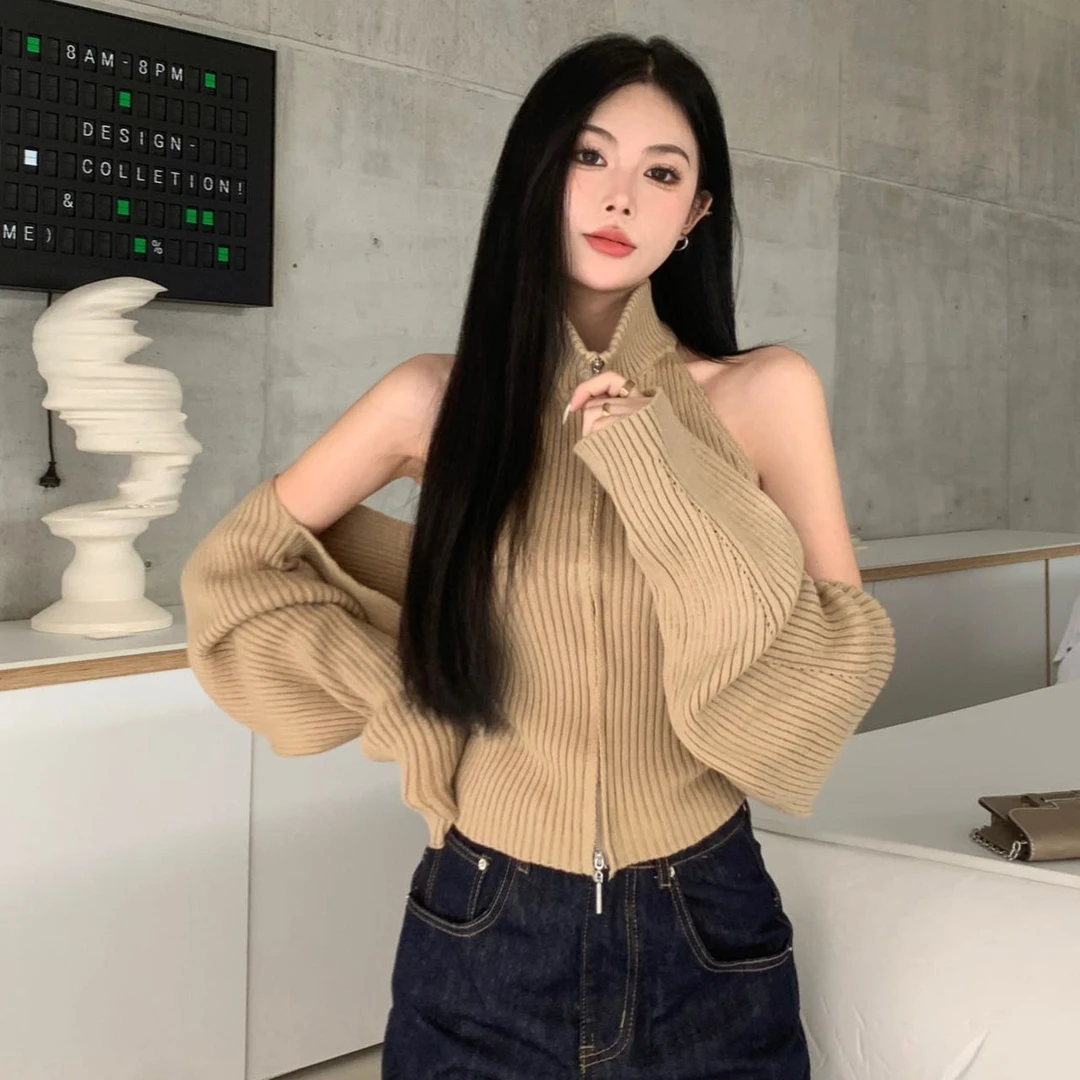 法式气质减龄长袖针织开衫外搭女装秋款别致双拉链针织背心两件套