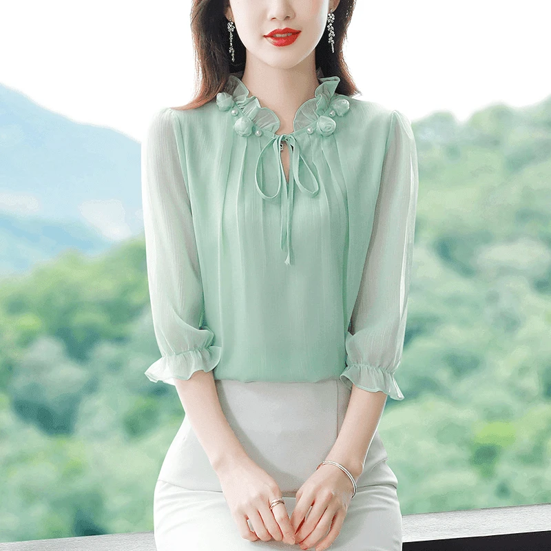 雪纺衬衣花瓣领减龄中袖洋气上衣衬衫显瘦气质时尚春夏设计感