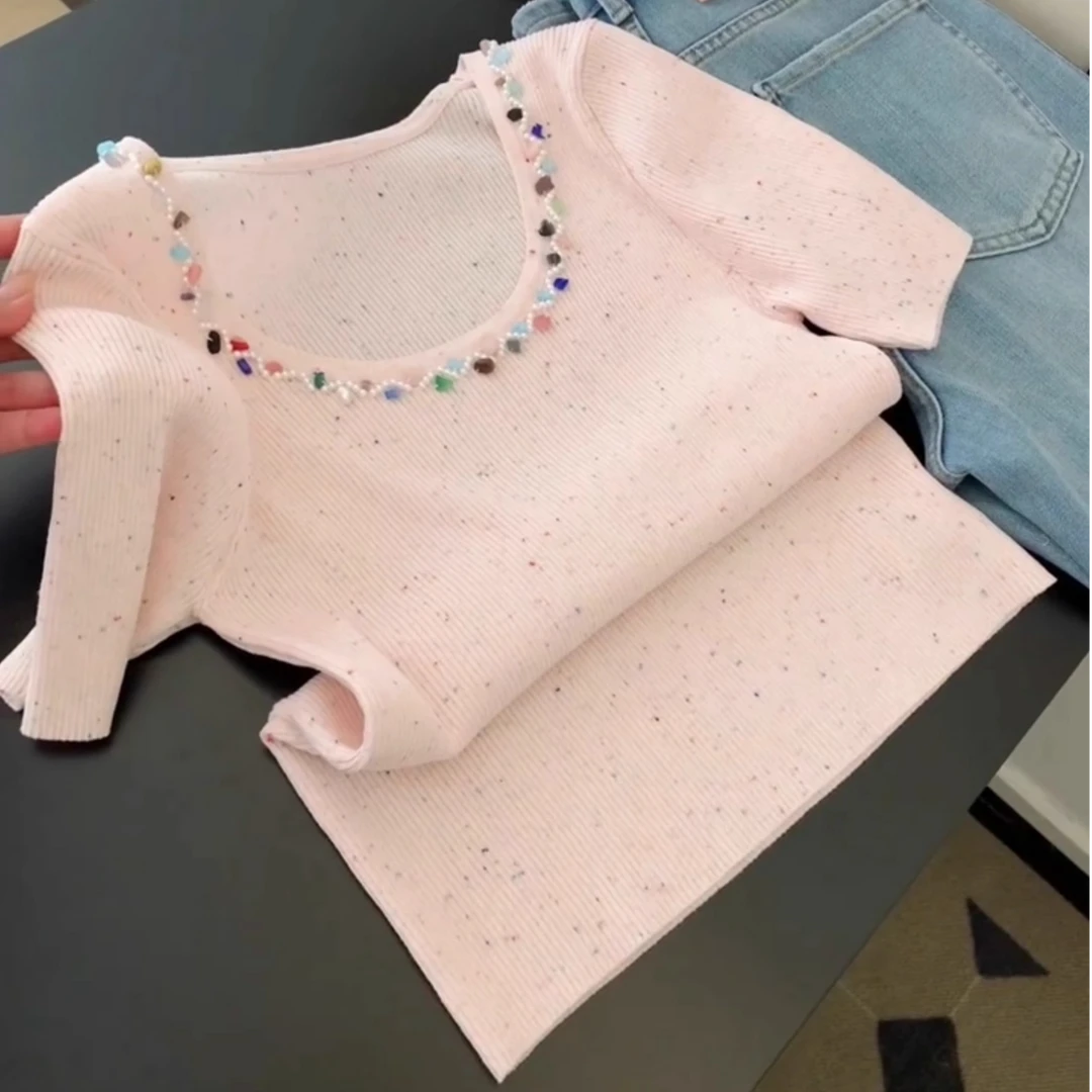 法式独特漂亮T恤女2025新款小众时尚重工钉珠设计感粉色针织上衣