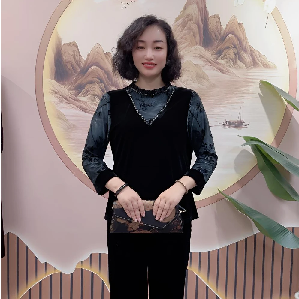 丝绒寸领假两件花袖新款中老年妈妈装新中式打底衫气质显瘦国风