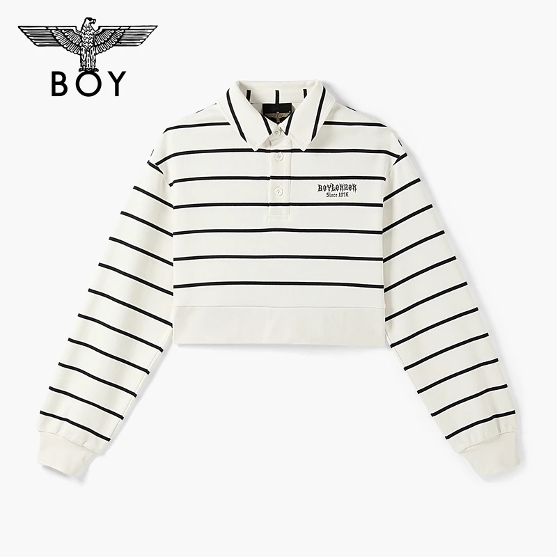 BOYLONDON25运动新款女款简约短款显瘦POLO领条纹卫衣穿搭W03009