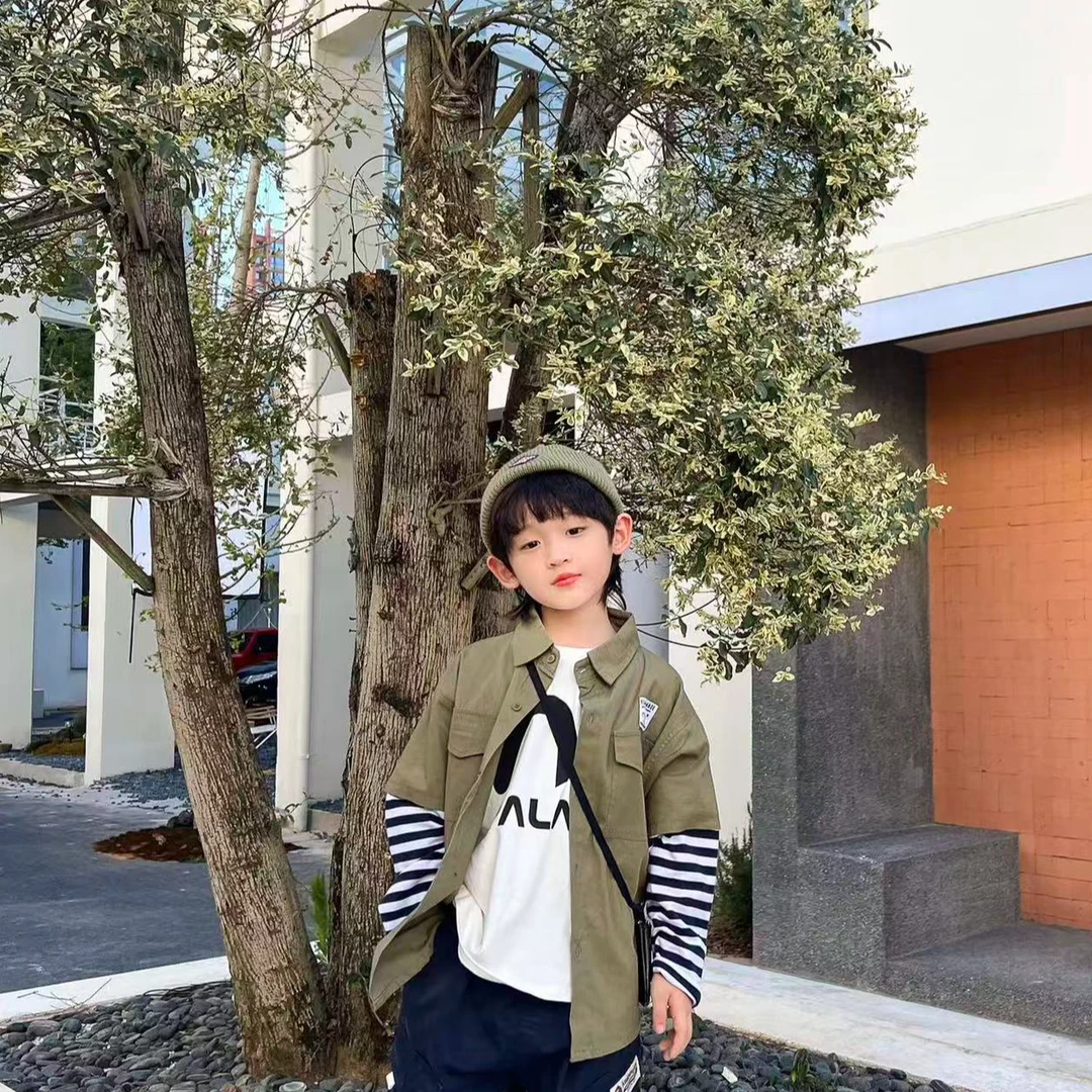 *7052【条纹拼袖】时尚休闲春秋儿童假两件衬衫