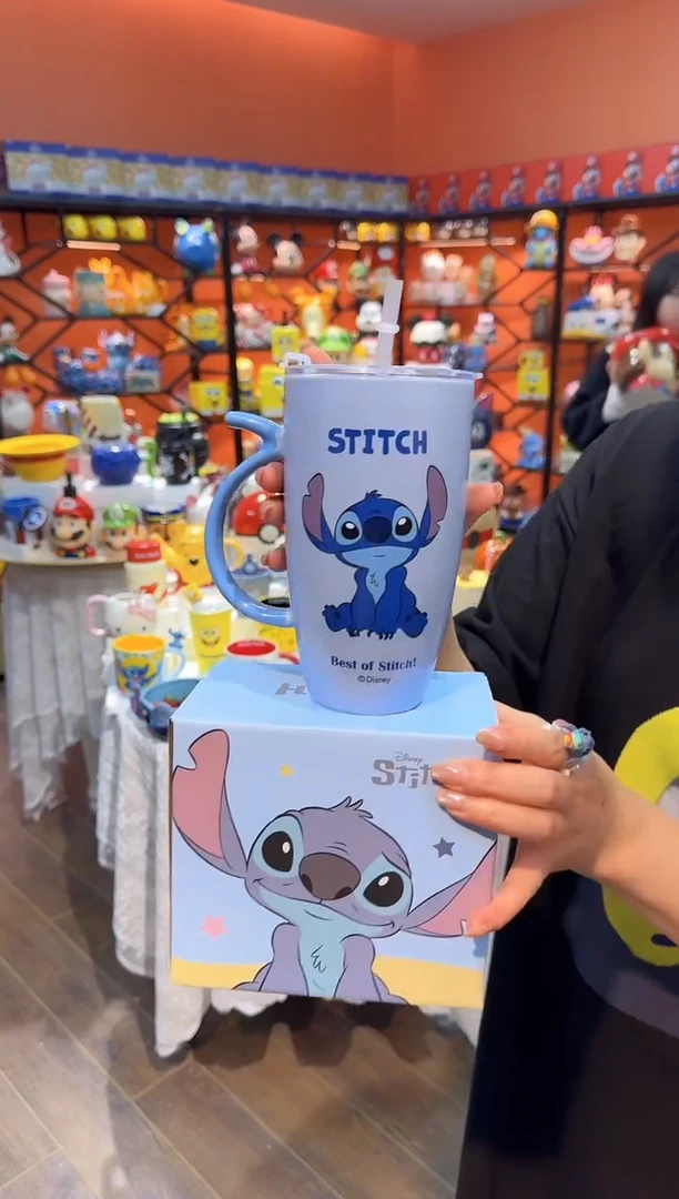 瓷片@@史迪仔陶瓷带盖蓝色把手吸管杯