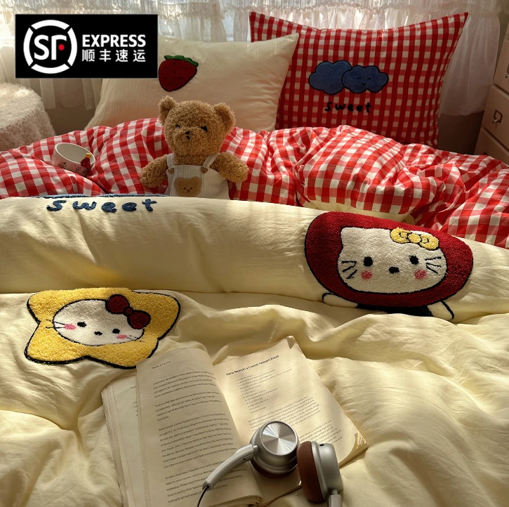猫咪日记ins卡通毛巾绣水洗棉四件套韩系亲肤三件套床单床笠床品