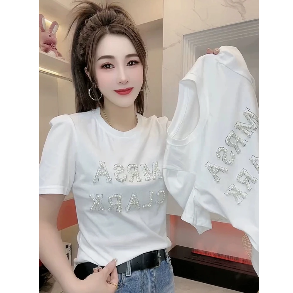 2025年夏季新款重工钉珠字母拼接蕾丝短袖T恤女时尚减龄打底上衣