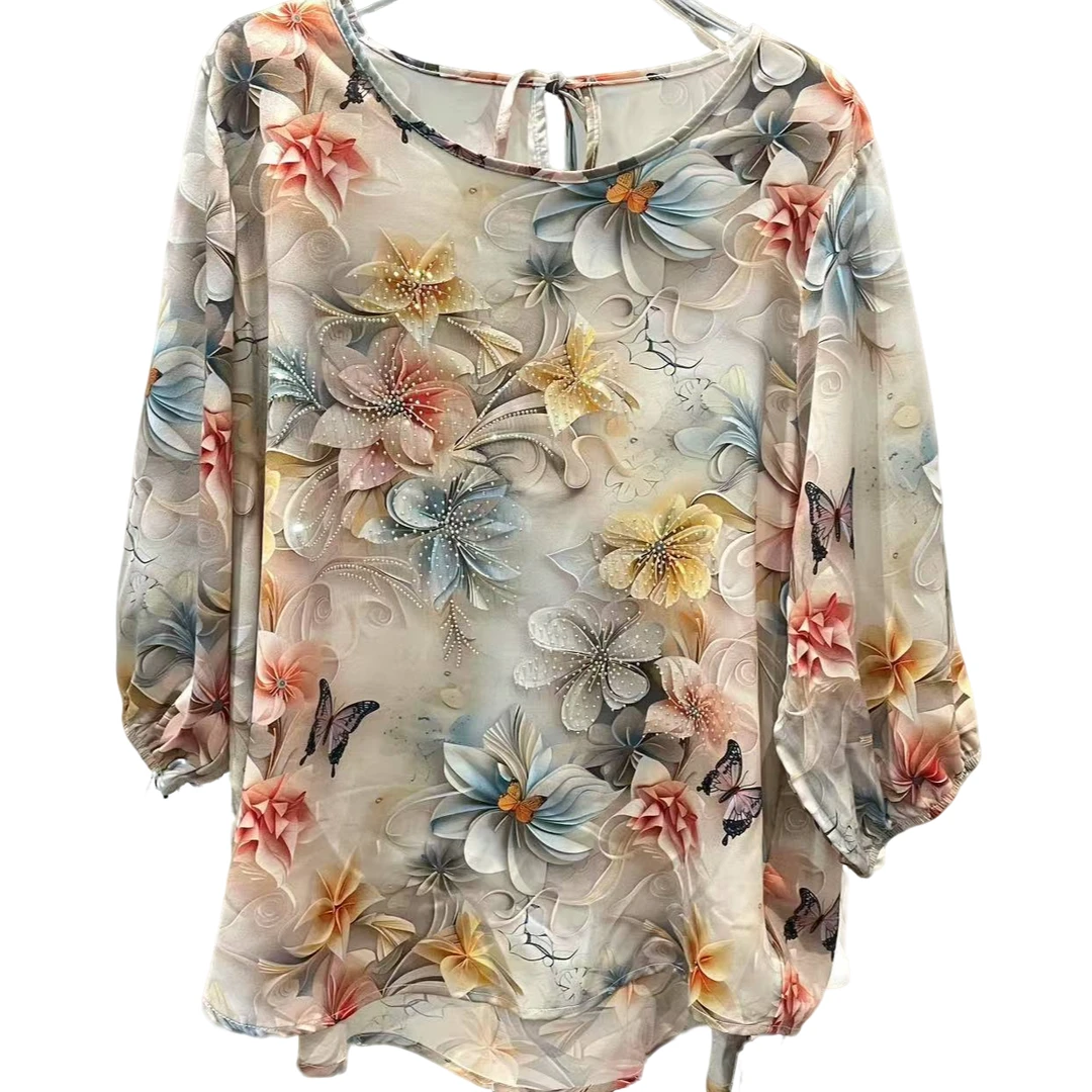 富贵花--时尚圆领印花烫钻轻盈夏季女士九分袖显瘦洋气休闲上衣66