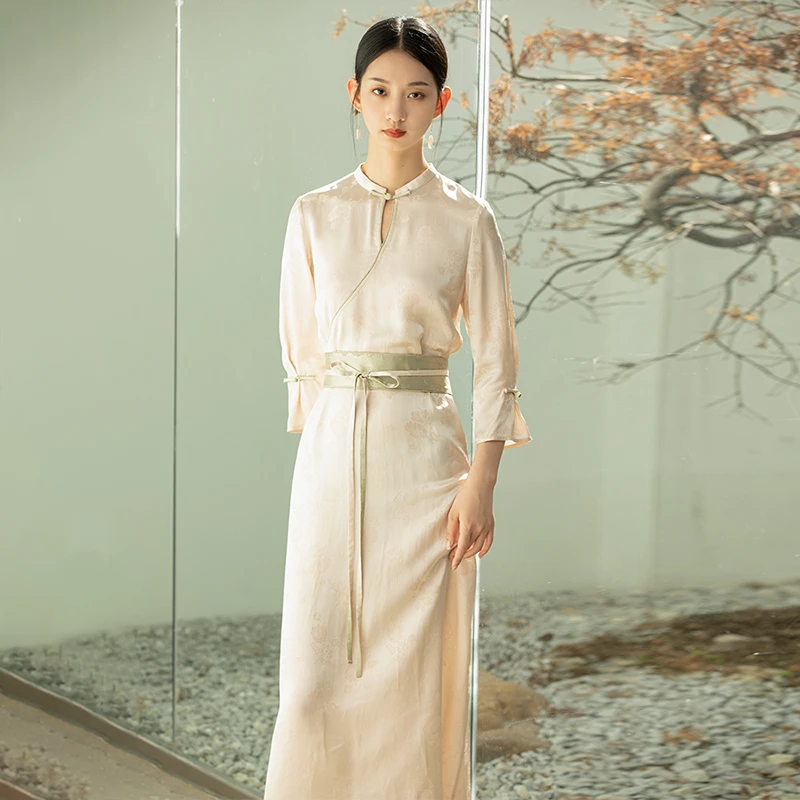 【初蝉衣事】新中式国风醋酸连衣裙女气质缎面高端改良旗袍0228-DN