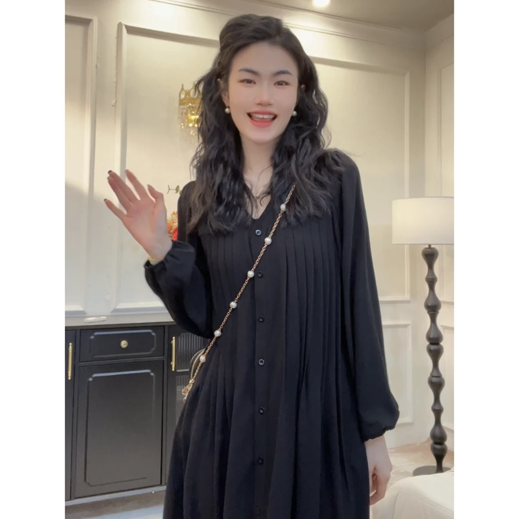 【早春开场白】韩系茶歇连衣裙女2025春季新款大码显瘦V领长裙LY