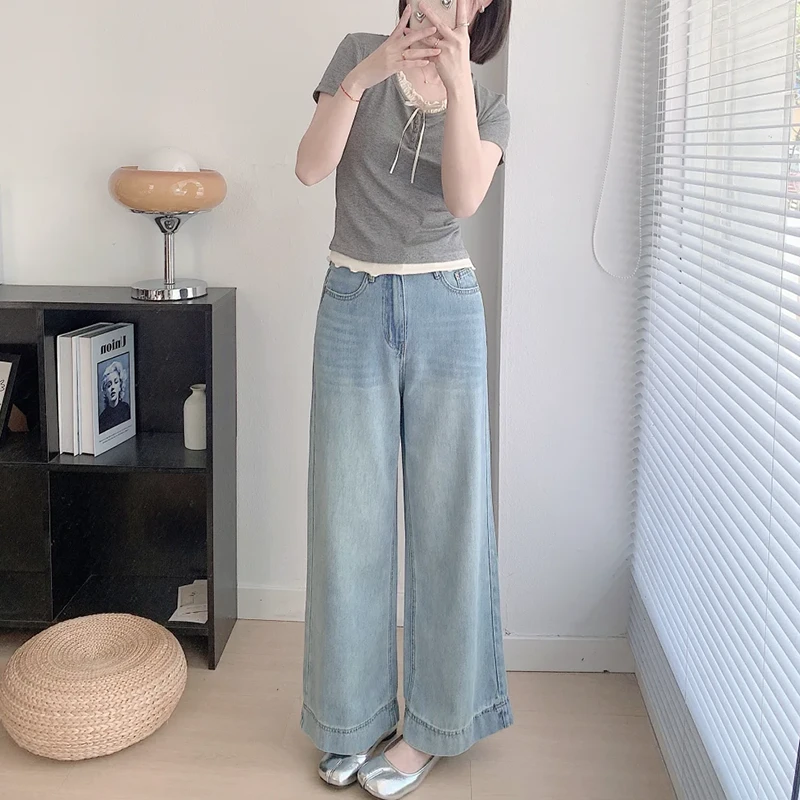 300斤大码女裤阔腿牛仔裤夏季新款宽松显瘦百搭直筒拖地九分裤潮