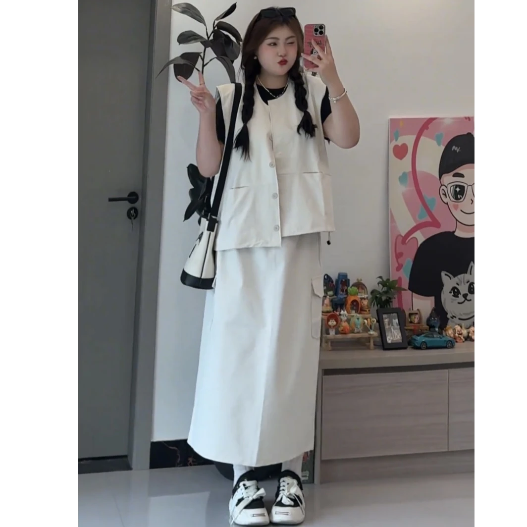 大码女装夏季马甲上衣高腰显瘦半身裙短袖T恤新款宽松时尚套装女
