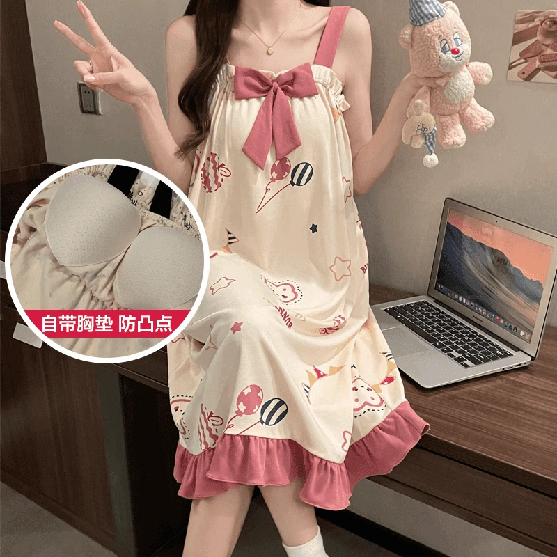薄款无袖简约夏季睡裙大码公主风甜美ins胸垫连衣裙女士卡通韩版