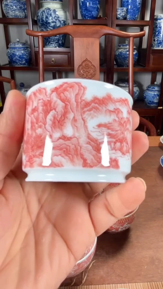 柴窑釉里红山水融天杯杯