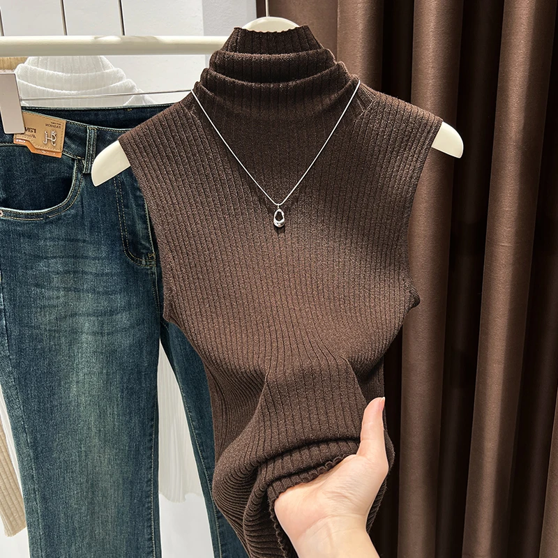 别致咖色高级坑条背心轻薄亲肤无袖打底衫女新款高领套头内搭上衣
