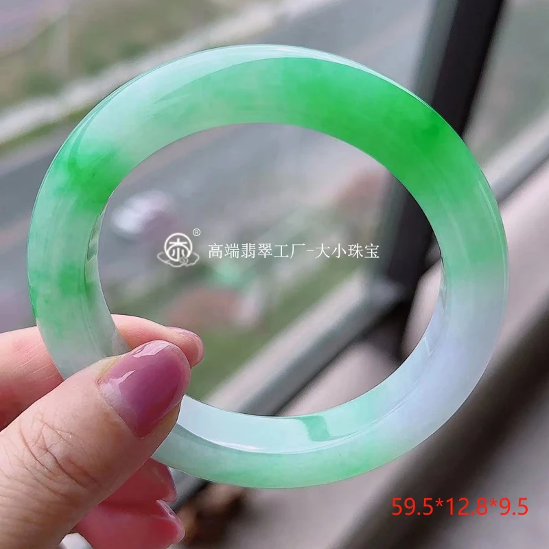 大小宝珠冰糯飘绿色缅甸翡翠手镯正圈59.5圈口冰阳绿缅料翡翠玉镯