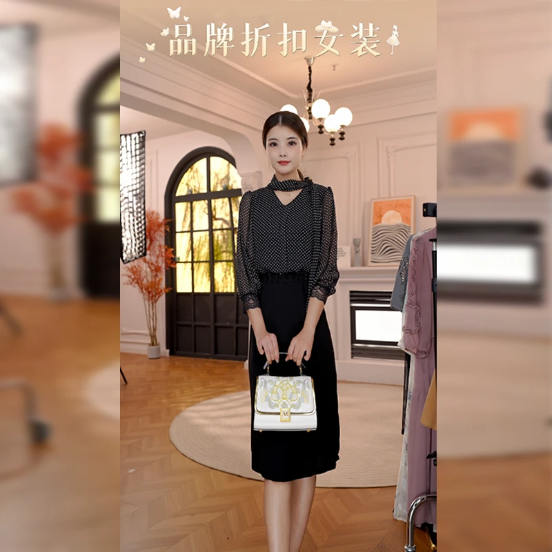2025早秋新款时尚优雅气质拼接波点显瘦减龄连衣裙5488#