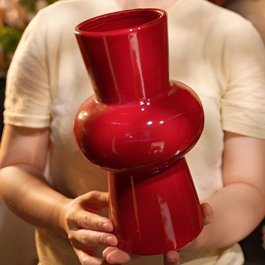 陶瓷花瓶 红色高温陶瓷（可水培）餐桌花 仿真花花瓶花器