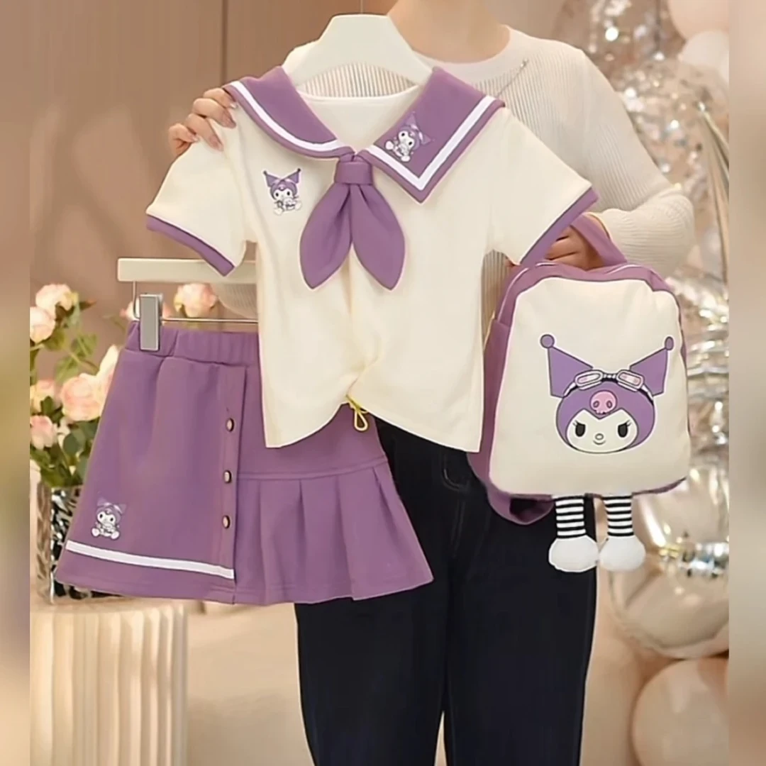 (送包包）女童套装夏季库洛米学院新款短袖百褶裙WR006