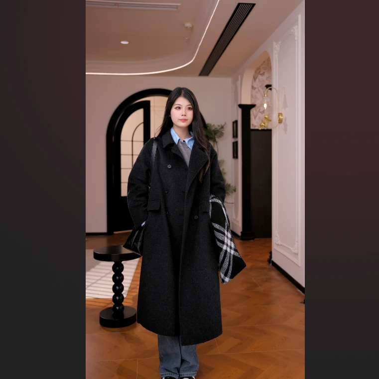 2025秋冬新款双面呢中长款原创设计韩式风格呢子大衣外套女X