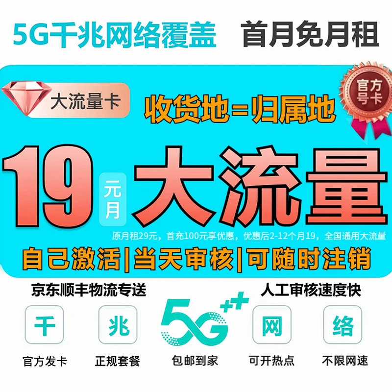 中国移动5G全国大流量电话卡手机卡4G本地号码低月租套餐-备用