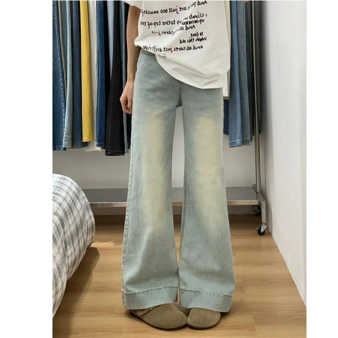 小个子美式复古浅色微喇阔腿牛仔裤女秋季新款高腰宽松直筒拖地裤