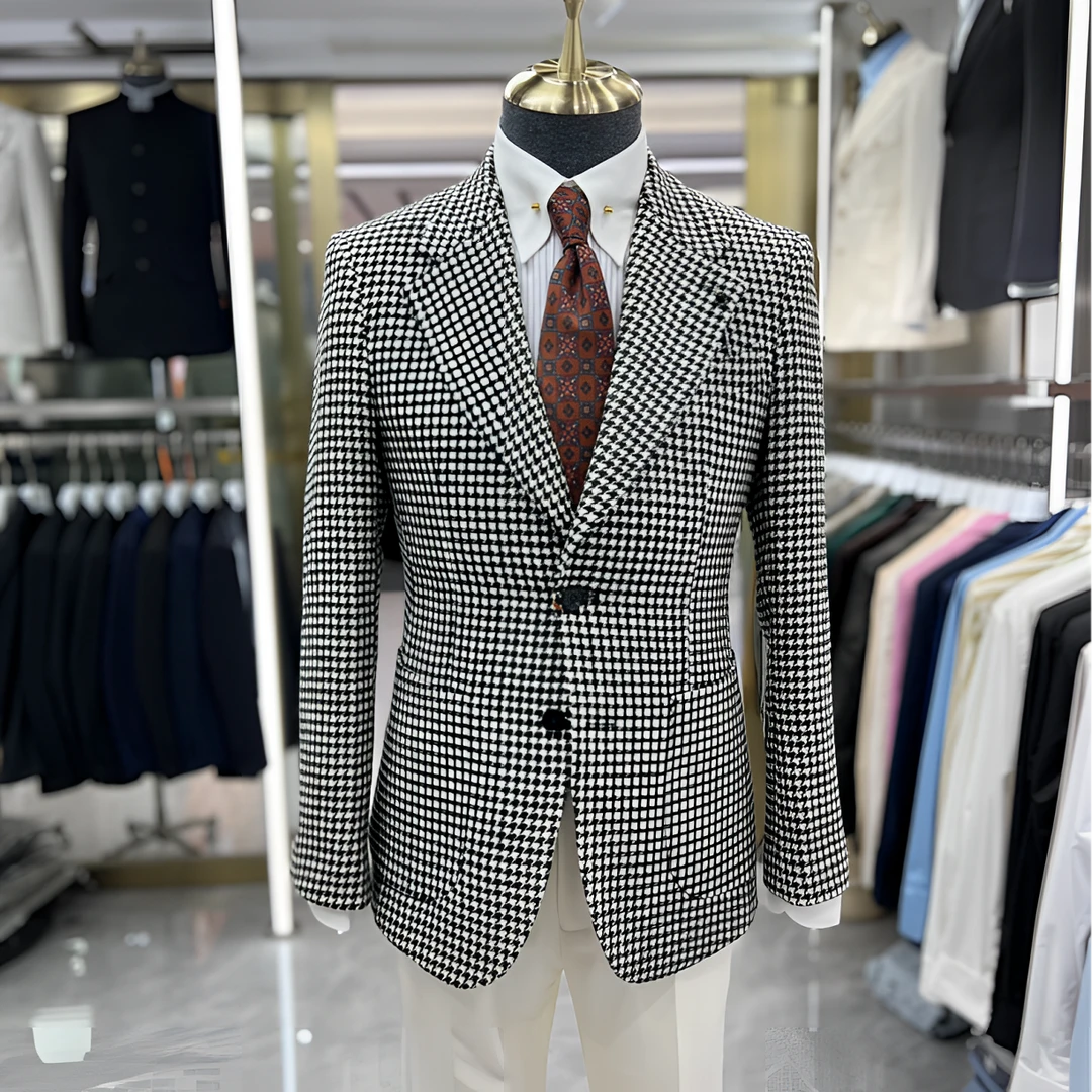 YB毛料千鸟格格子商务休闲西装单西服上衣男士修身韩版