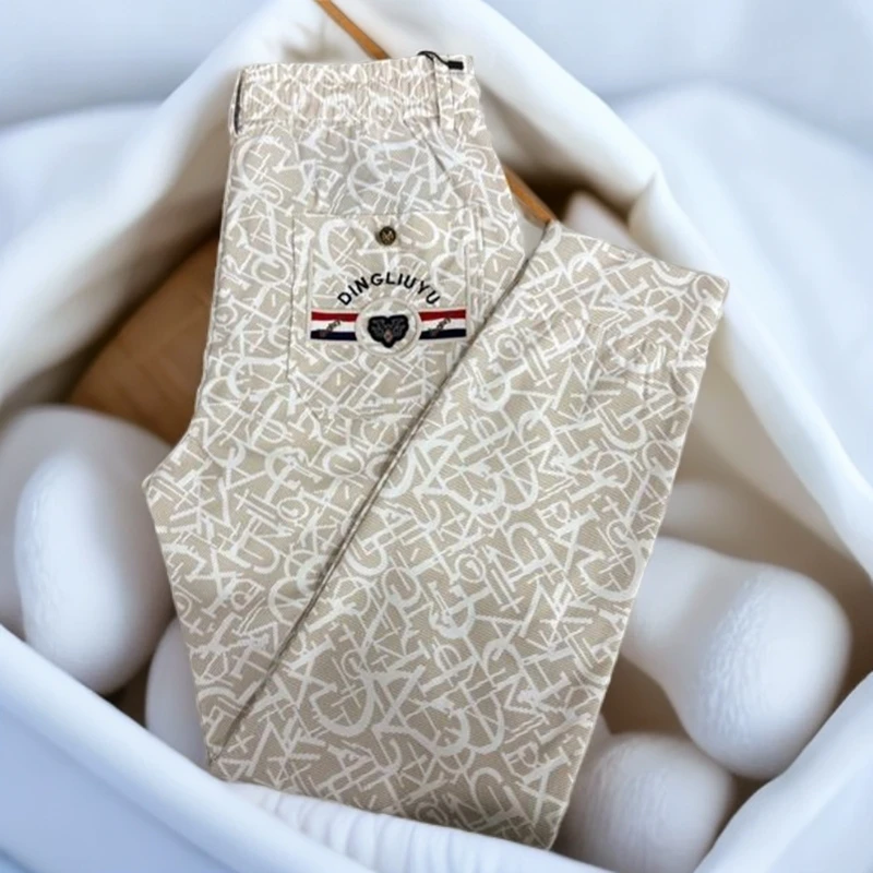 新款夏季高档修身透气休闲裤男士潮流百搭印花束脚裤百搭长裤