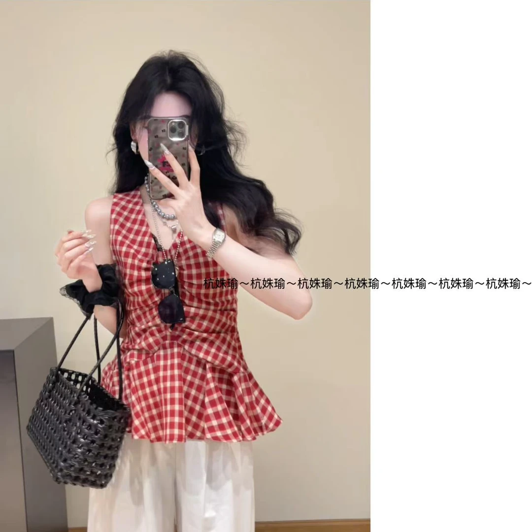 夏夏定制韩系红格背心裙显瘦气质上衣2585