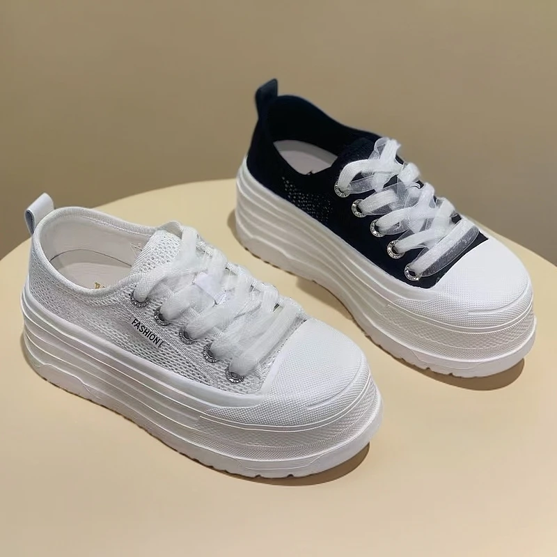 真皮网面6CM厚底显高百搭舒适板鞋夏季系带韩版运动休闲薄款板鞋