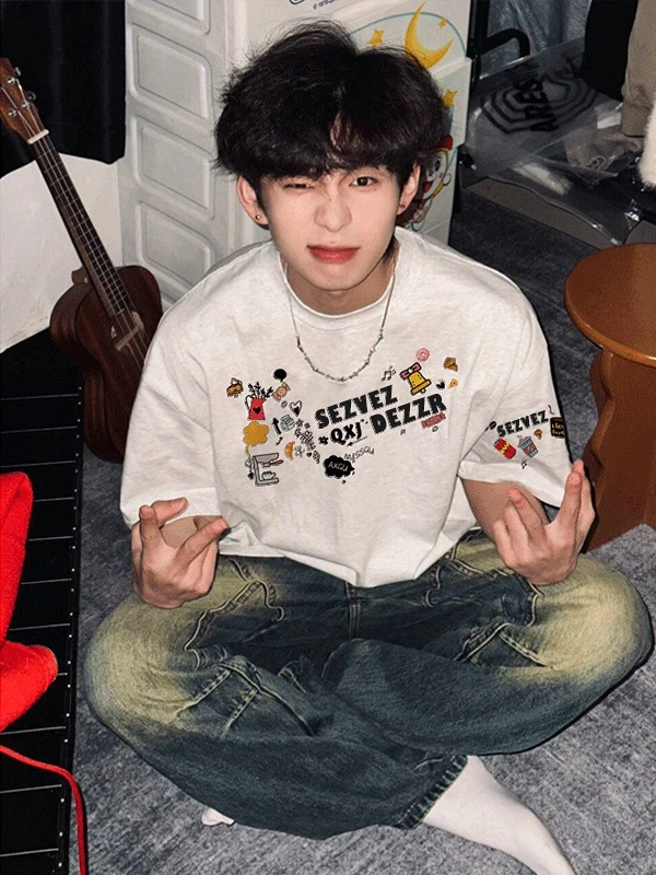 100%纯棉原创纯棉卡通两侧T恤字母潮牌百搭男女宽松休闲上衣大码