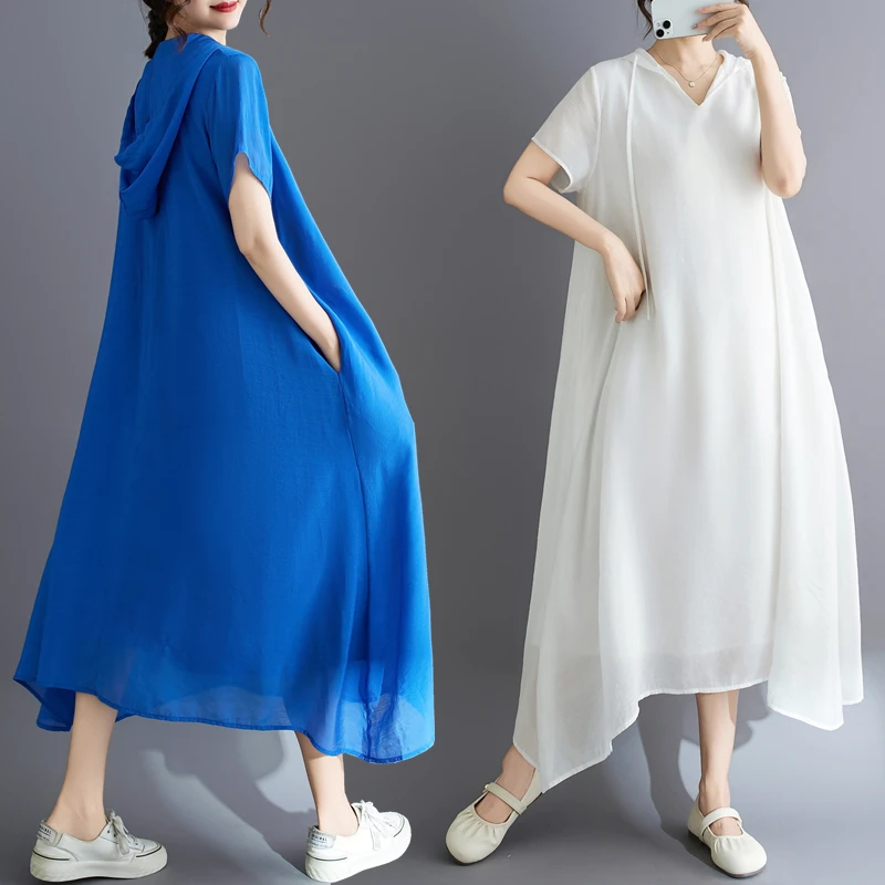 夏季2025新款大码女旅游圆领气质连帽连衣裙宽松显瘦