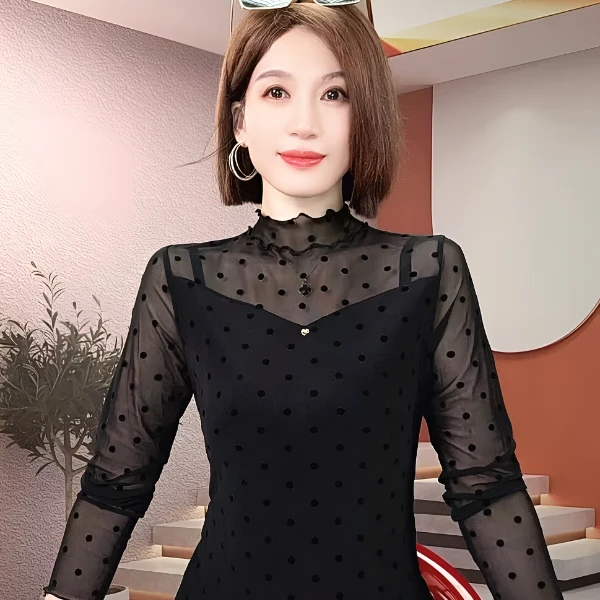 黑色波点网纱打底衫女内网红时髦小衫黑色长袖T恤百搭上衣秋冬潮t