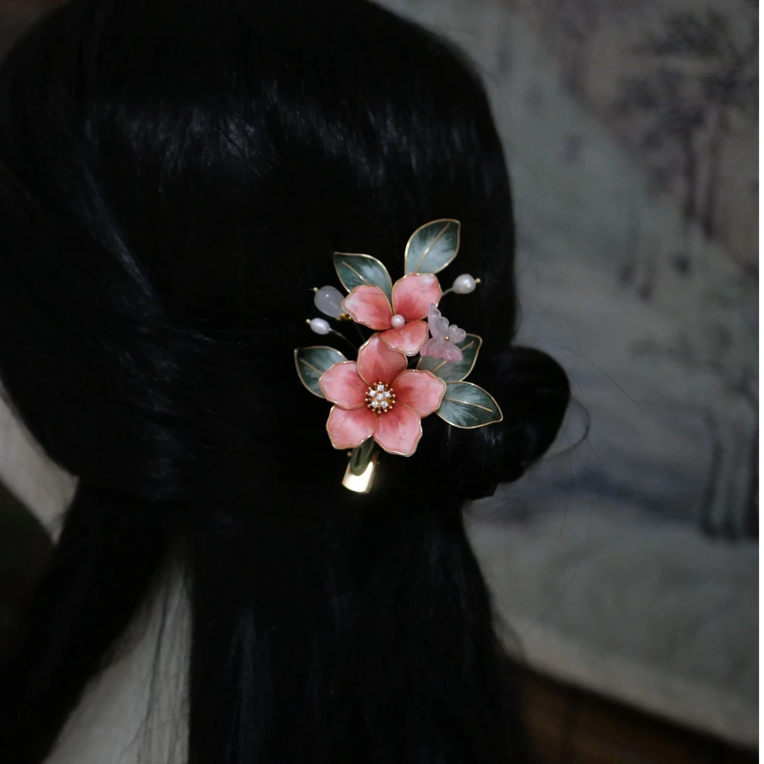 舒旧-掐丝牡丹绒花发夹-发饰古风纯手工日常古典中国风