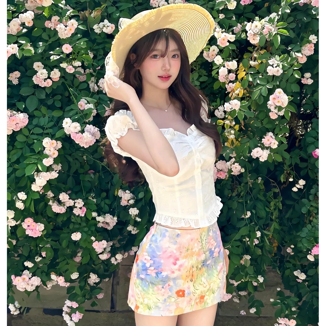 H2AN1 STUDIO丨原创新品镂空一字肩两穿短款泡泡袖小衫短袖女上衣