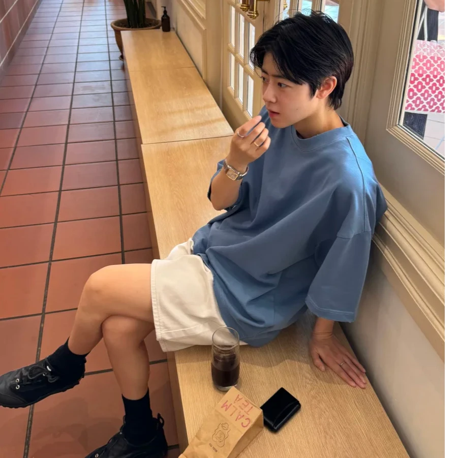 纯色短袖夏季T恤美版简约落肩袖春夏吊染潮流圆领设计感宽松