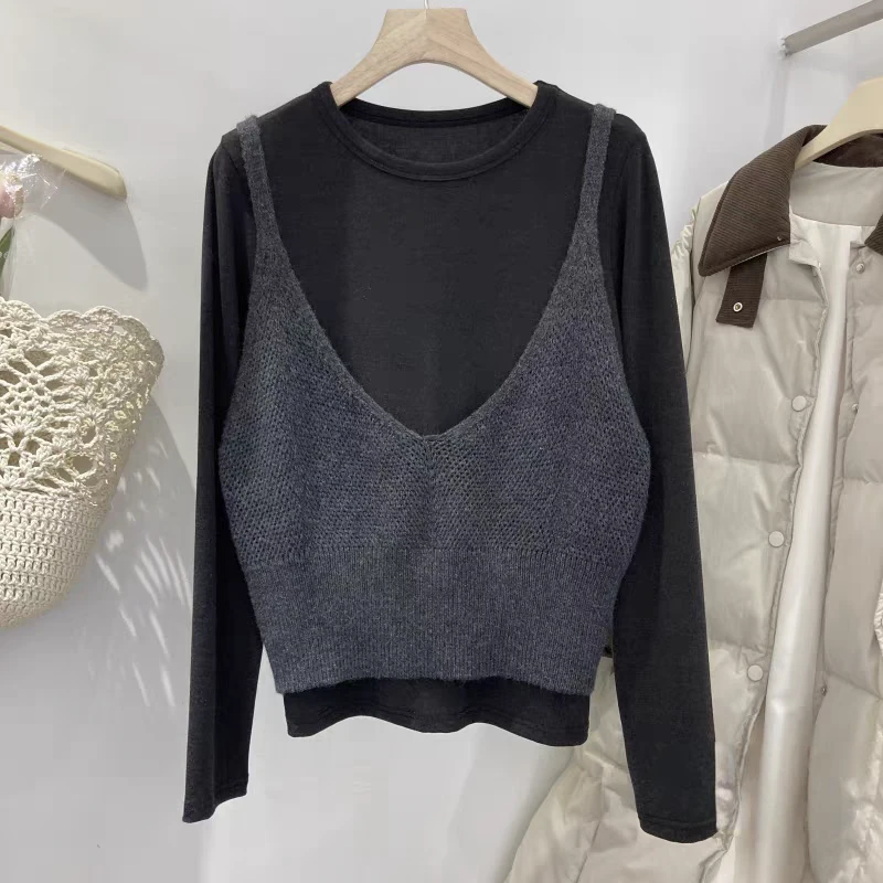 玲姐定制-黑色时髦修身打底长袖针织吊带两件套270010