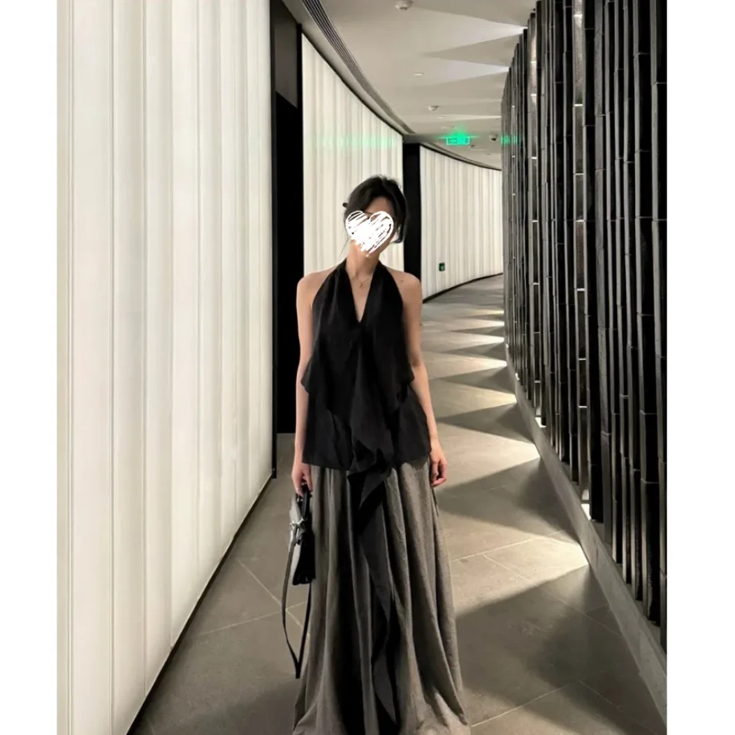 2025新款夏装一整套法式高级感黑色挂脖上衣半身裙两件套装4396