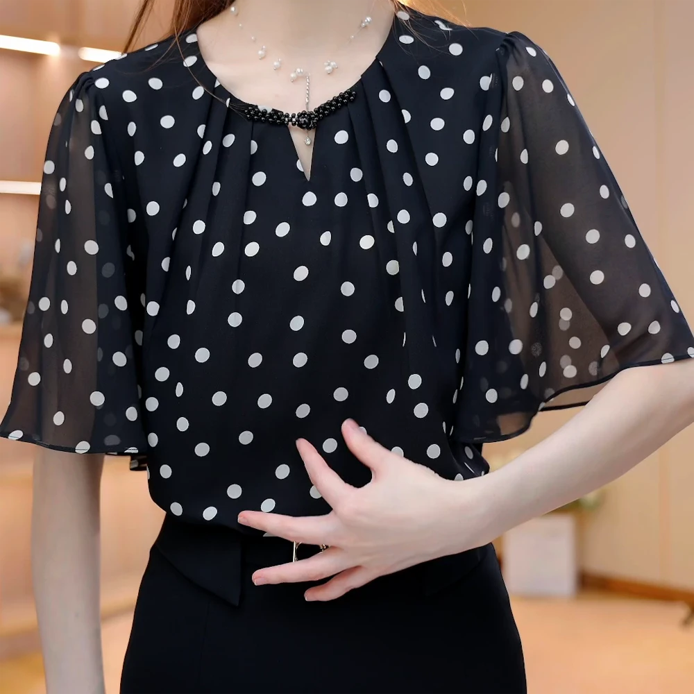 夏季新款盘扣波点上衣显瘦洋气时尚百搭衬衫女衬衣宽松