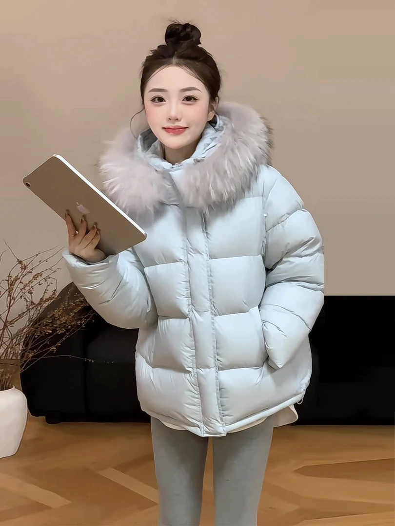 蓝色棉服女短款2025冬季新款高级感小个子加厚宽松连帽毛领外套潮